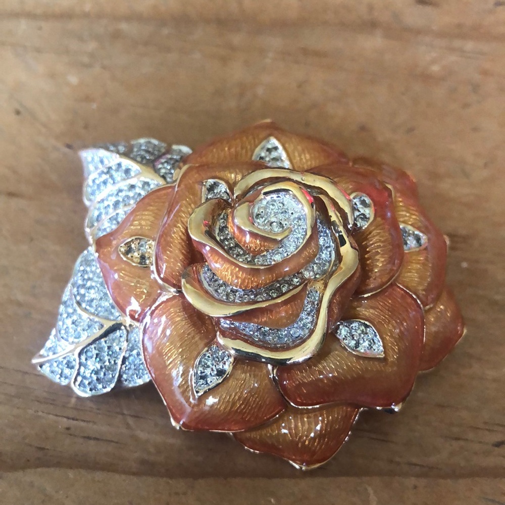 Judith Leiber Gold and Silver Rose Brooch with Dimensional Petals